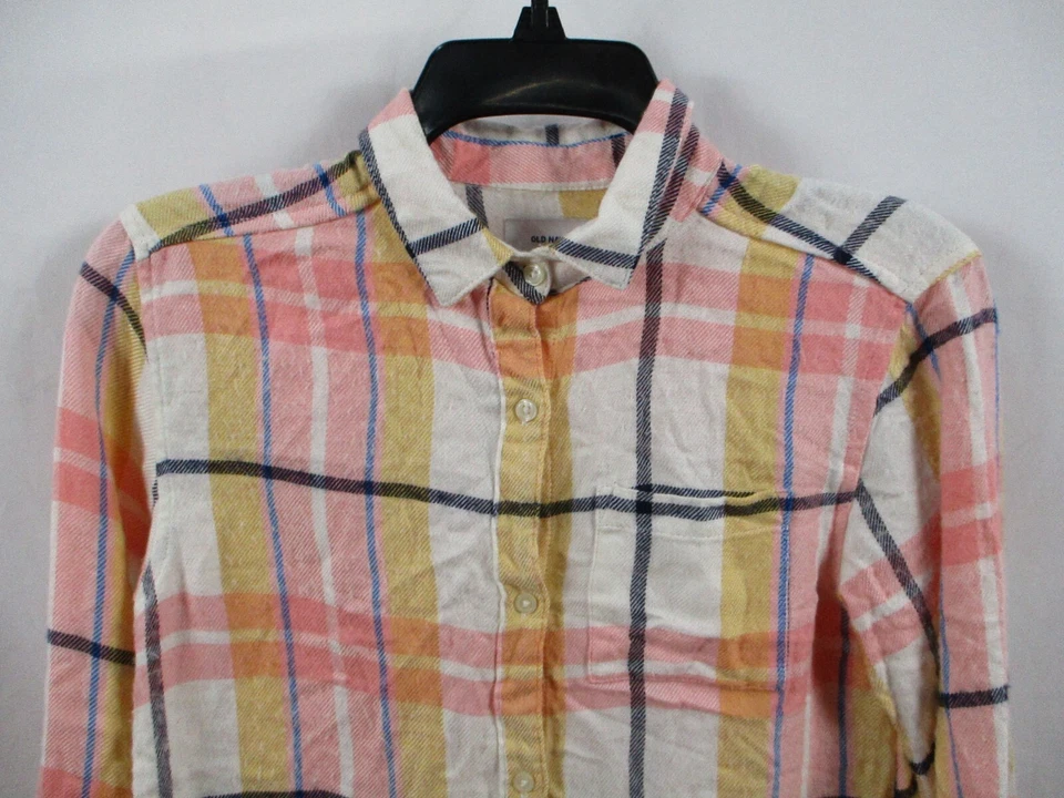 Camisa masculina Old Navy grande 10-12 xadrez amarela manga comprida colarinho rosa - Imagem 2 de 4