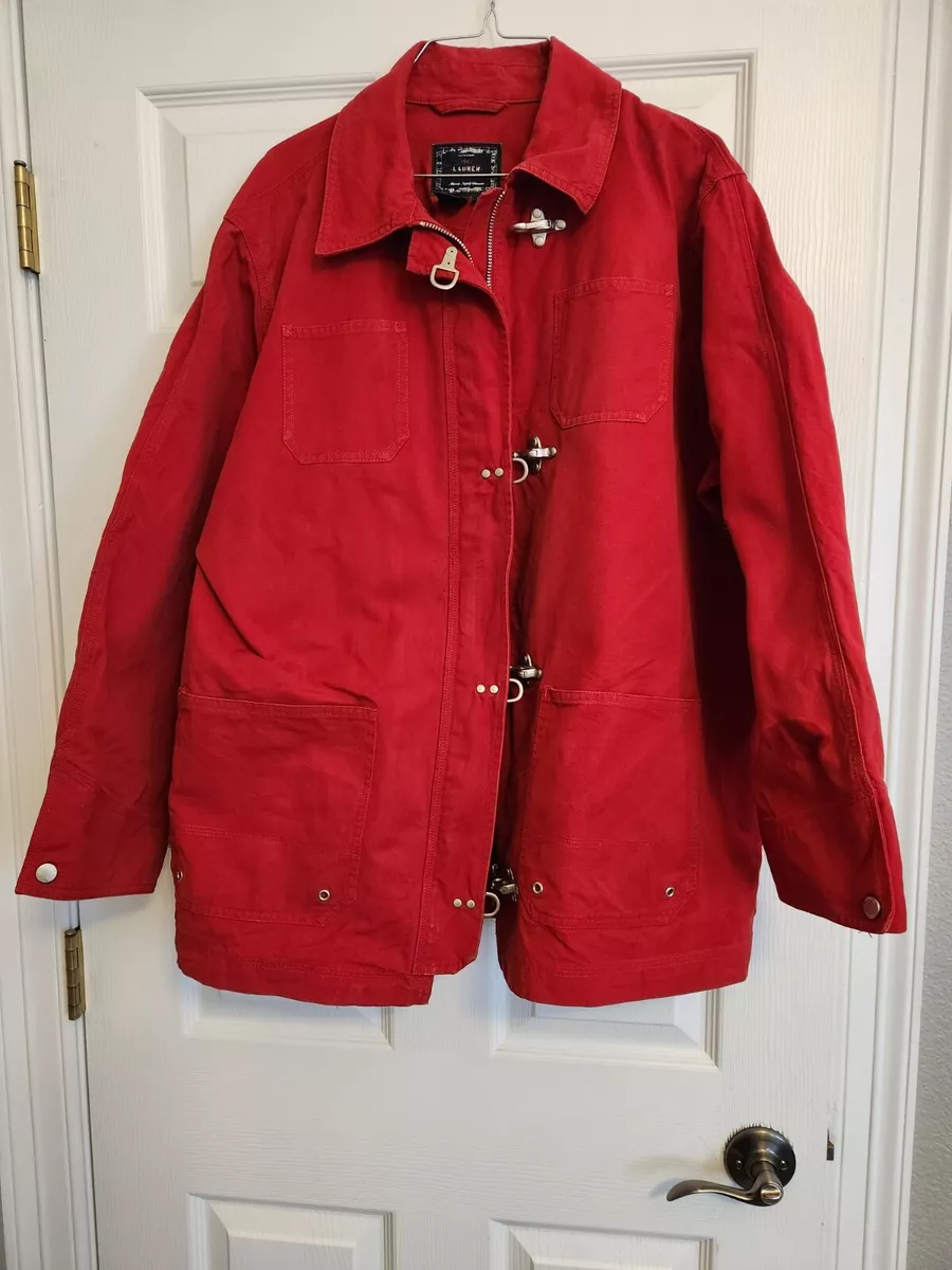 Vintage 90s Ralph Lauren Marine Supply Buckle Fireman Fisherman Jacket Red 2X
