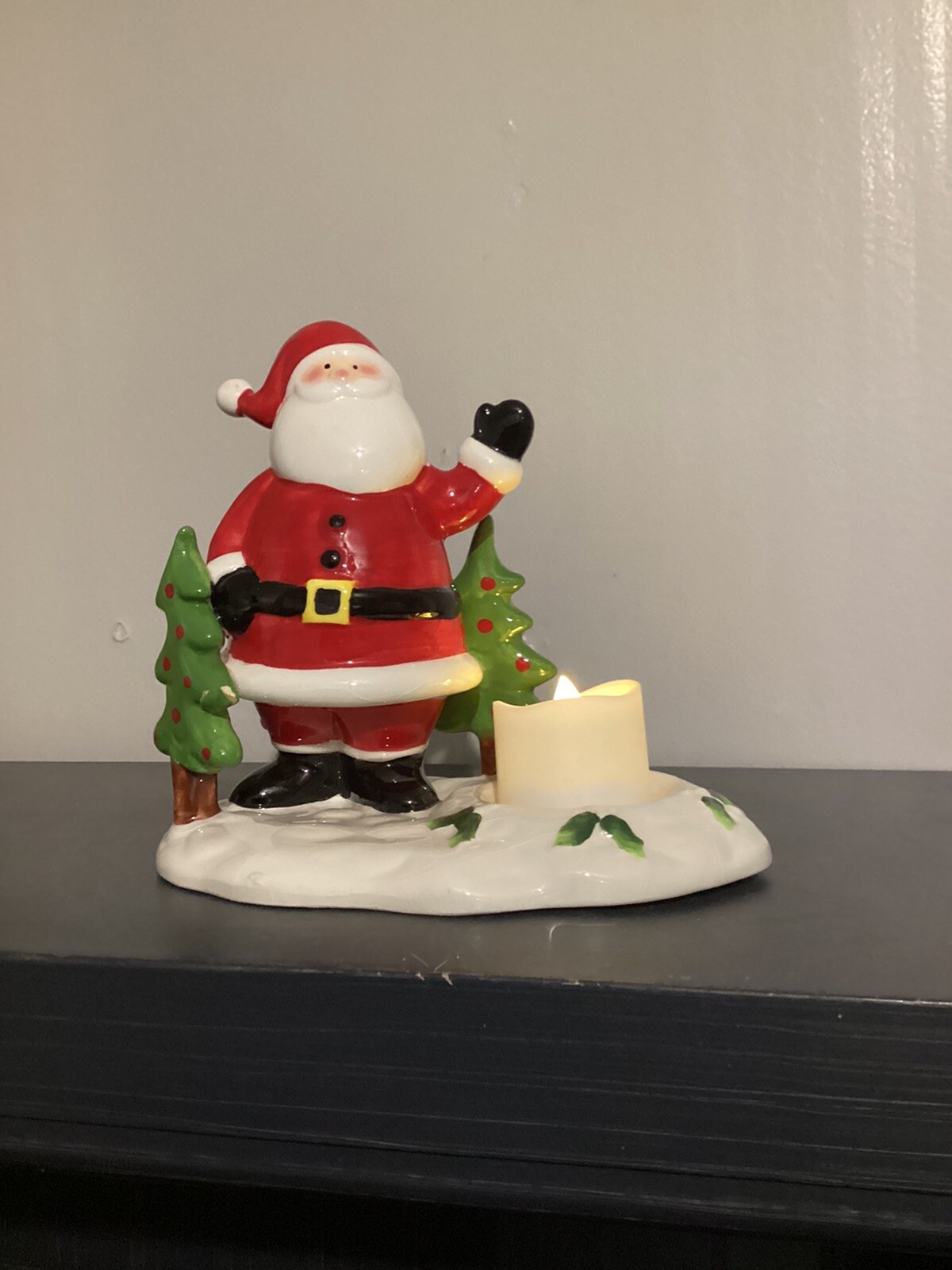 Santa Claus and Christmas Tree Ceramic Tea Light Holder 5x6 Inches  