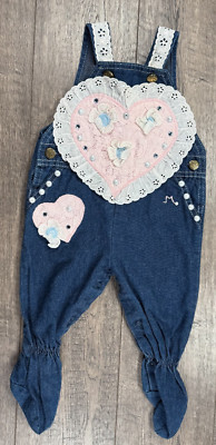 Baby Girl Clothes Oshkosh Vintage 6-9 Month Marsha Lace Heart Footed Overalls