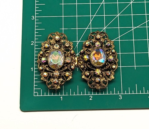 Vintage 1950's Brass Tone Ornate Filigree AB Aurora Borealis Crystal Belt Buckle - Picture 3 of 9