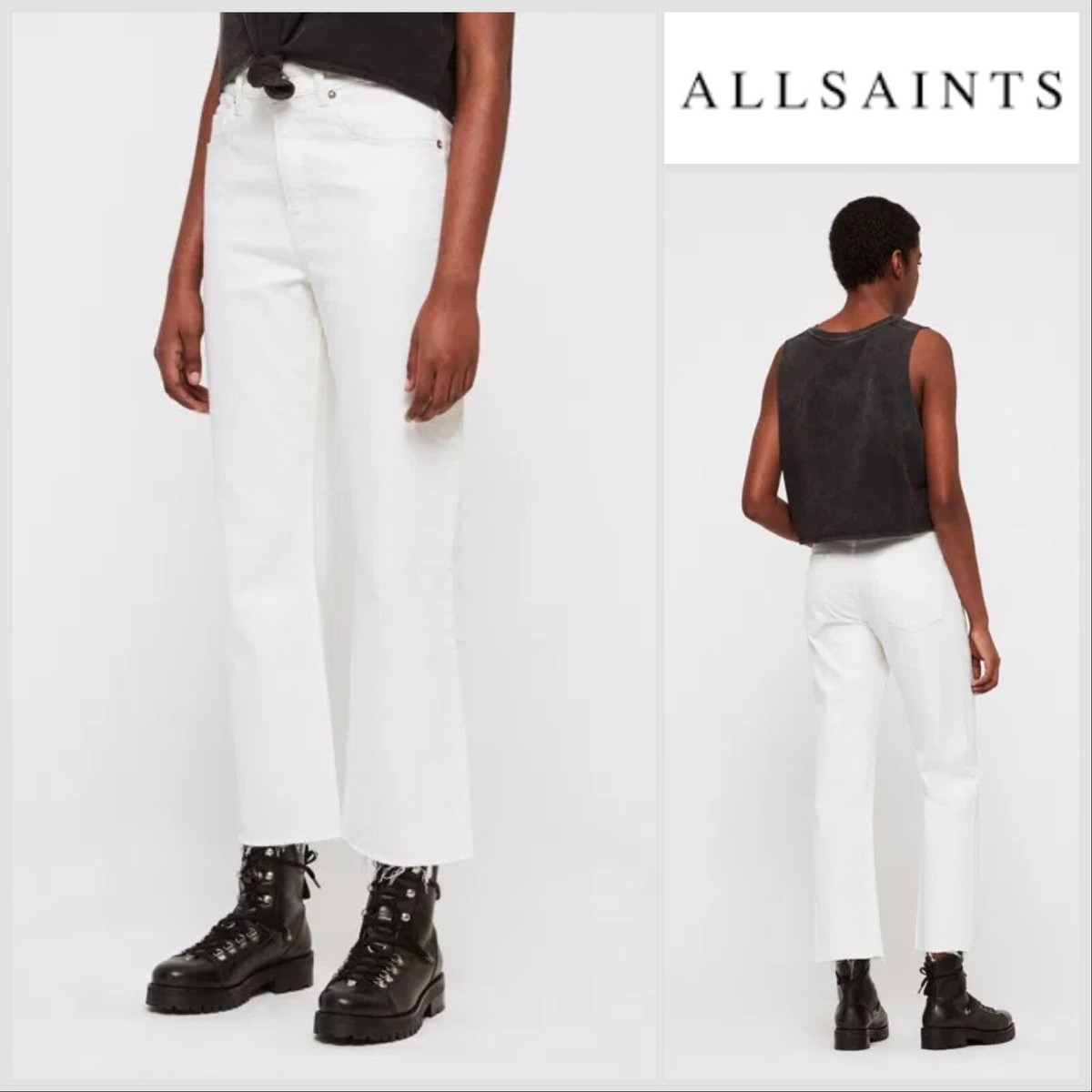 ALL SAINTS White Eden Hi Rise Straight Jeans W27 L26 Frayed Hems