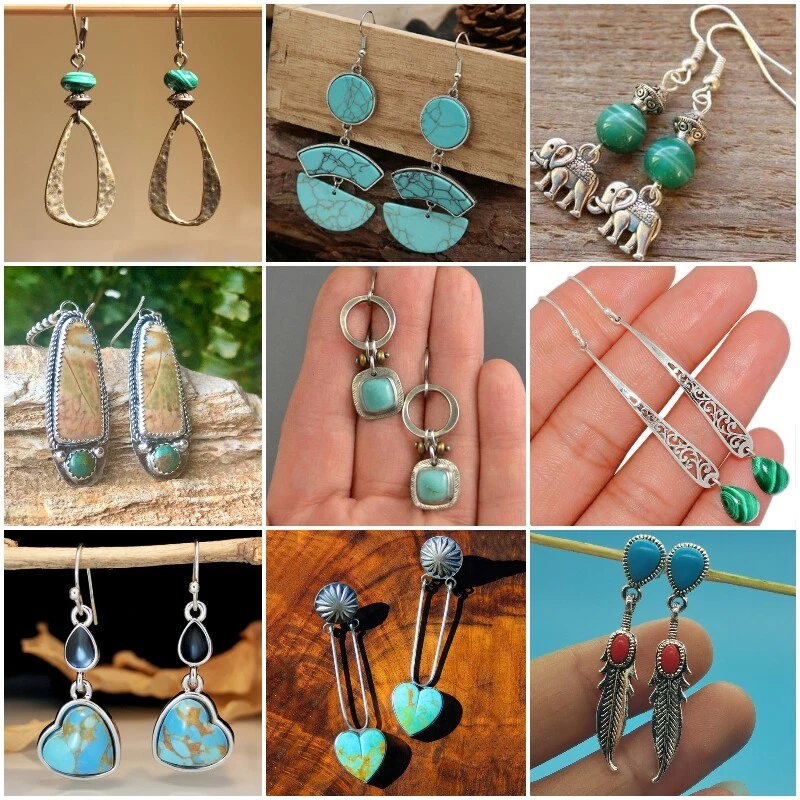 Vintage Turquoise 925 Silver Women Ear Hook Dangle Drop Earrings Wedding Jewelry