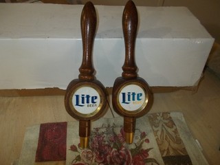 VINTAGE (2) LITE BEER WOOD TAP HANDLES 3 SIDED 11" HIGH