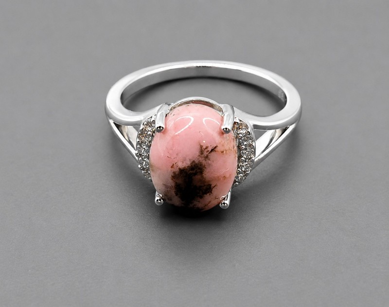Natural Rhodonite Ring Sterling Silver White Zircon Accents Oval Cabochon Size 7