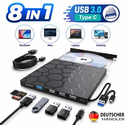 8-in-1 USB 3.0 Externes CD/DVD Laufwerk Brenner Player mit Type C für Laptop PC
