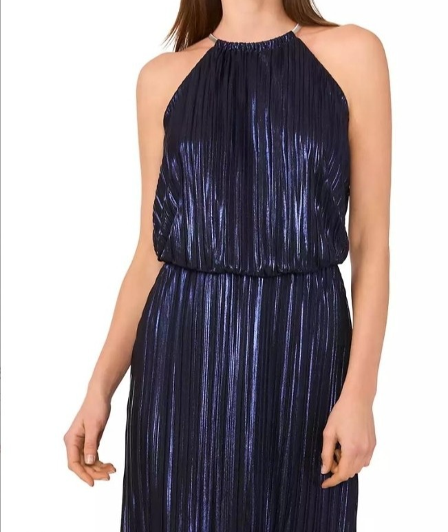 msk pleated halter maxi dress Msk Royal Blue Gold Foil Necklace Halter Maxi Stretch Sz 14 Grecian Dress Pleat