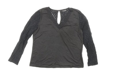 Shien Damen schwarze Polyester Basic Bluse Größe M V-Ausschnitt - Spitzendetail