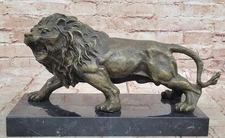 Bronze Sculpture Angry Hungry Male Lion Marble Base Figurine Art Deco Figure LRG