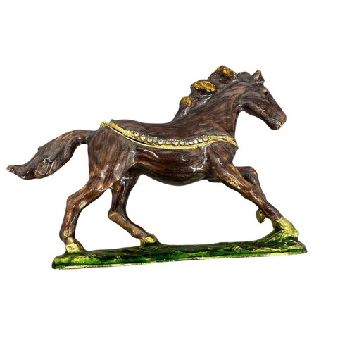 Vintage Style Enamel Horse Trinket Box Crystal Accented Galloping Stallion Brown