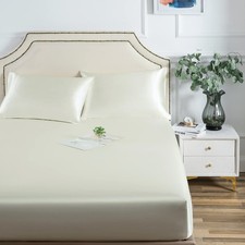 Satin King Fitted Sheet Ivory Deep Pocket Silk Bottom Bedding Cover 1 PCS