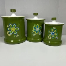 Vintage Retro 1950's Kromex Canister Set of 3 Avocado Green K5459- 60-61 Flowers