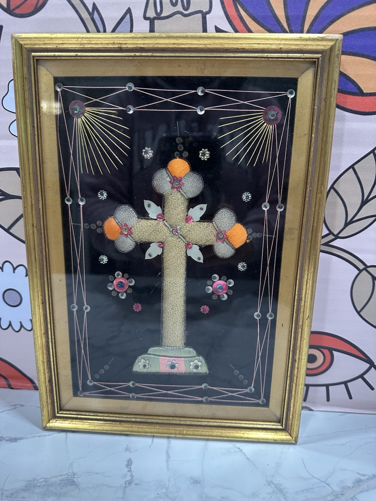 Vtg Greek Orthodox Embroidery Cross Crucifix Folk Thread Wall Hanging