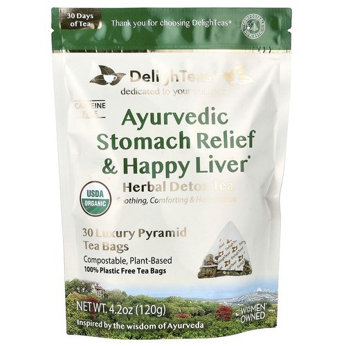 Ayurvedic Stomach Relief & Happy Liver, Herbal Detox Tea, Caffeine Free, 30