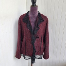 CHICOS 2 Tweed Boucle Beads Sequins Lace Ruffle Deep Red Black Lined Jacket L