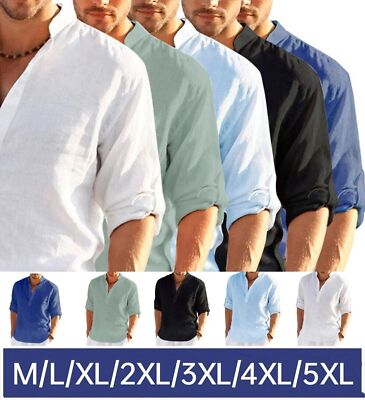 Mens Cotton Linen Long Sleeve Shirt Solid Loose Blouse Button Down Tops ...