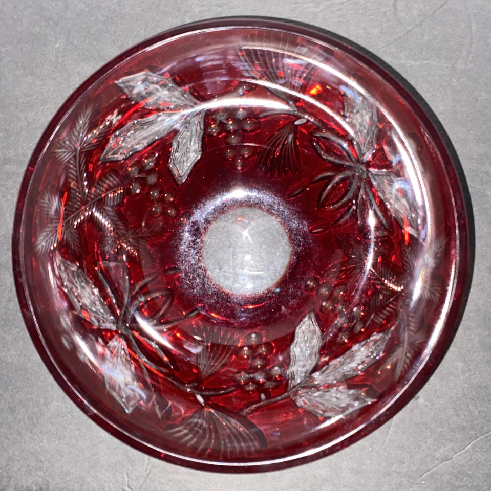 AJKA Design Guild Cristal Rubí Acebo y Pino Cuenco Hecho en Hungría 9" x 4.5" COMO NUEVO Foto 2 de 4