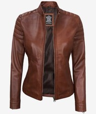 Women's Designer New Slim Fit Moto Biker Genuine Sheepskin Cognac Leather Jacket