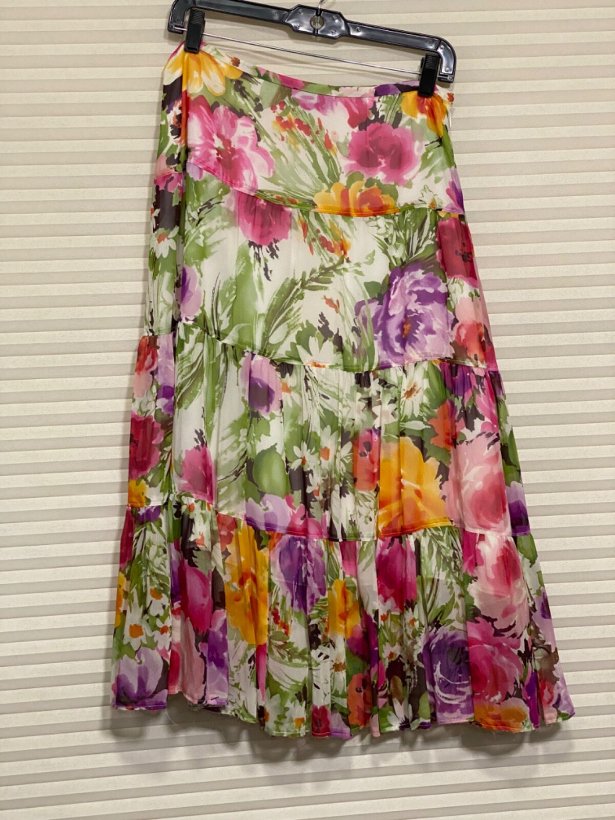 Jones New York Sz 6 Multicolor Floral SILK Tiered Lined Side Zip Midi Skirt EUC