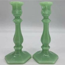 Set of 2 Candleholders Candlesticks - Jade Jadeite Green Glass Mosser USA
