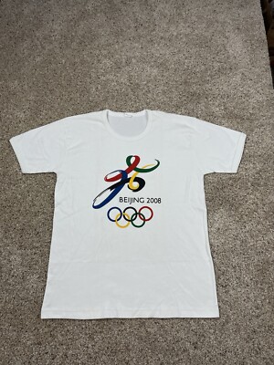 Beijing Olympics 2008 T Shirt Large Mens White Short Sleeve Crew Neck Graphic