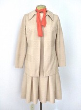 Vtg 60s 70s Mod Beige Poly Knit 2-Pc Drop Waist Dress Jacket Secretary Suit 12