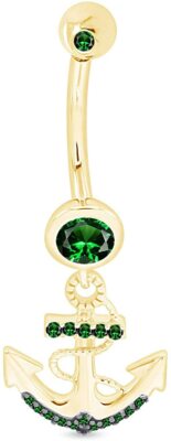 Simulated  Emerald Anchor Dock Belly Button Navel Ring 14K Yellow Gold Plated