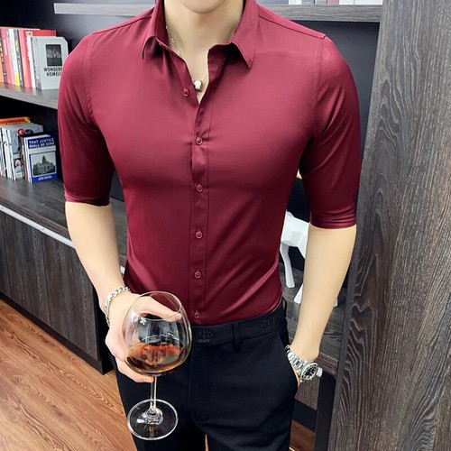 Mens Shirts Short Sleeve Business Casual Solid Stretch Slim Shirt Mens Clothing - Picture 41 of 45