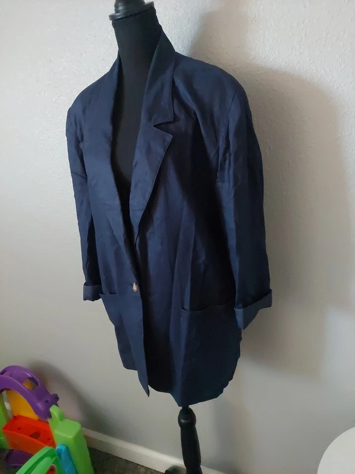 Blazer de lino vintage azul marino náutico ligero talla 14 satinado forrado preppy Foto 4 de 4