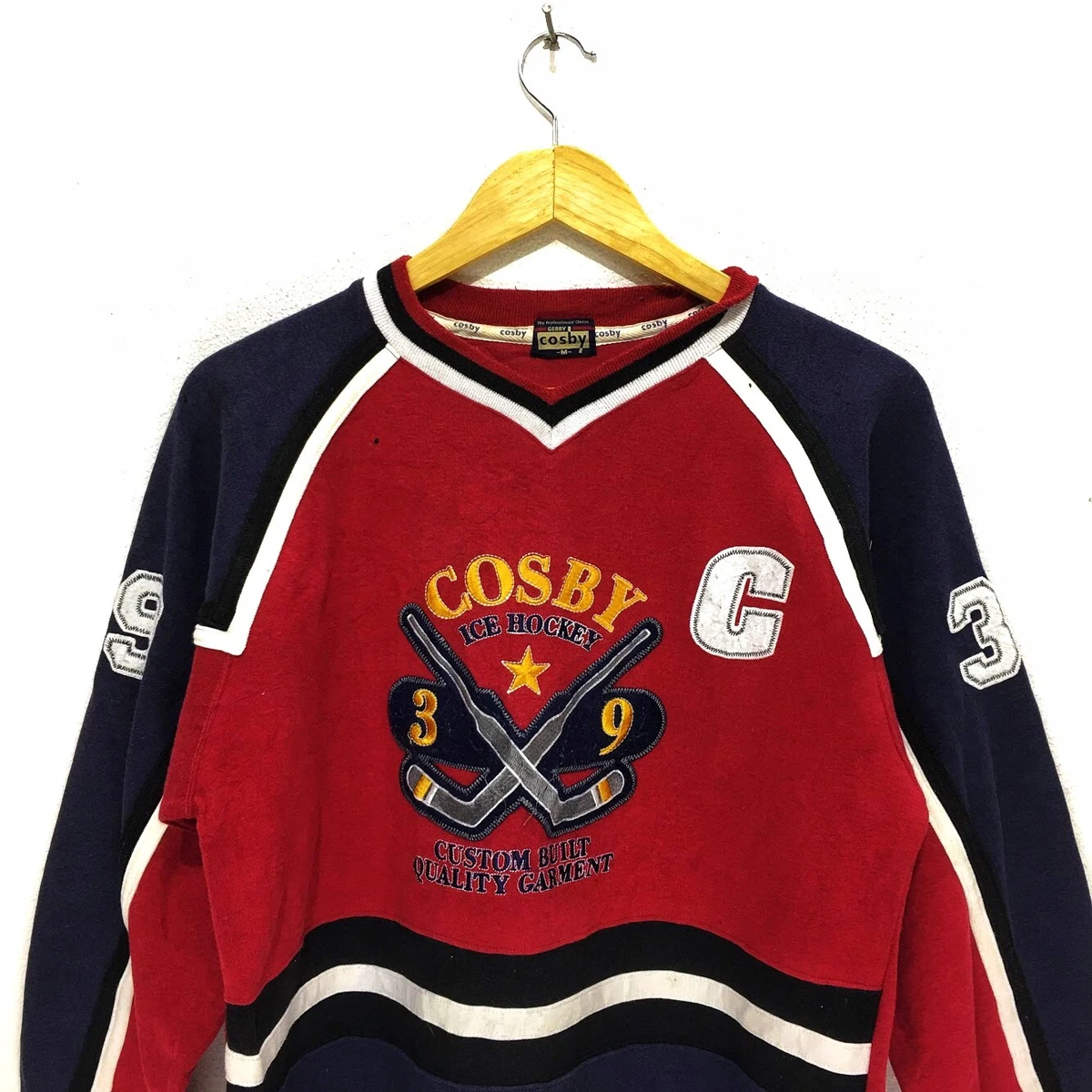 Vintage COSBY Hockey Ice Striped Jersey V Neck Sweatshirts Top USA Big Logo NHL