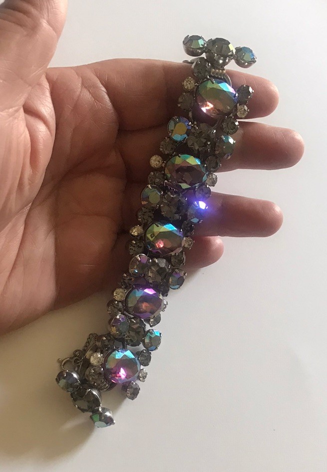 Juliana Rhinestone Bracelet Peacock Blue Borealis VINTAGE D&E Link FABULOUS