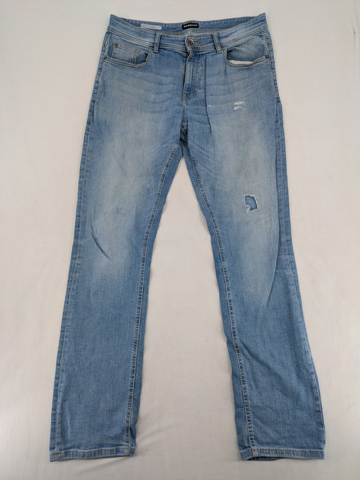 Manguun Herren Jeans W34 L34 hellblau Waschung distressed Stretch Straight Denim