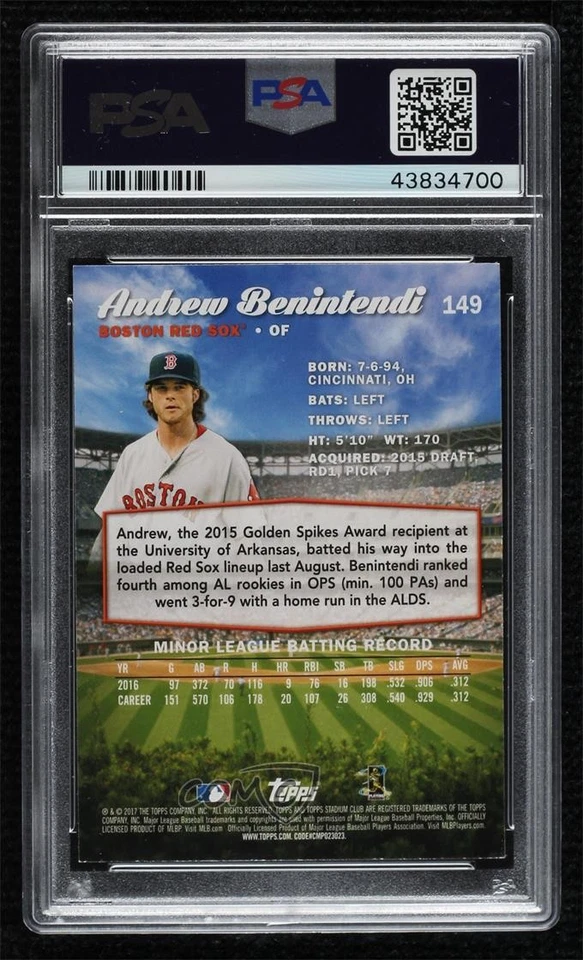 2017 Topps Stadium Club Members Only Andrew Benintendi #149 PSA 9 MINT Rookie RC - Image 2 of 2
