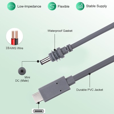 9.8ft Type C Input To DC Power Cord Water Resistant 20V 5A Barrel Jack Cable CB