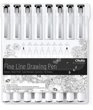 Ohuhu Fineliner Pens Micro Drawing Pens: 8-Size Tips (Ultra-Fine, Fine & Brush) 