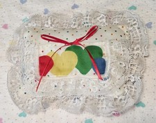 1986 Tooth Fairy Pillow w Pocket Rainbow Hearts Kitschy Lace Edge Ribbon 7x6 Vtg