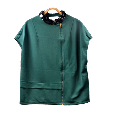 New HOLMES & FALLON Womens Top Size S Green Black Stretch Knit Short Sleeve Zip