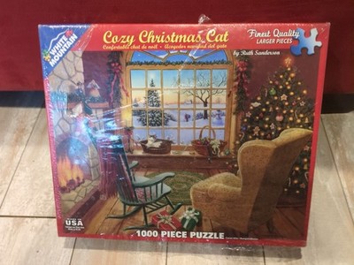 White Mountain Puzzles Ruth Sanderson Cozy Christmas Cat #1066 1000 Pieces - New