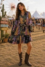 Zara Floral Patchwork Boho Tiered Dress Balloon Sleeve Cottage Core Festival XL