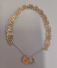 9ct Yellow Gold Bar Link Chain Bracelet Heart Padlock Clasp Hook, Hallmarked