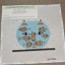 Edie Harper Needlepoint Hand-painted Canvas-FISHFUL THINKING-Cat Watching Fish