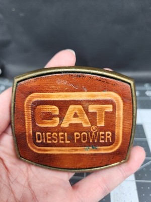 Vintage CAT Diesel Power Brass & Leather Belt Buckle 