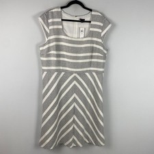 Ann Taylor Gray White Striped Fit & Flare Cap Sleeve Dress Size 18 Cotton Blend