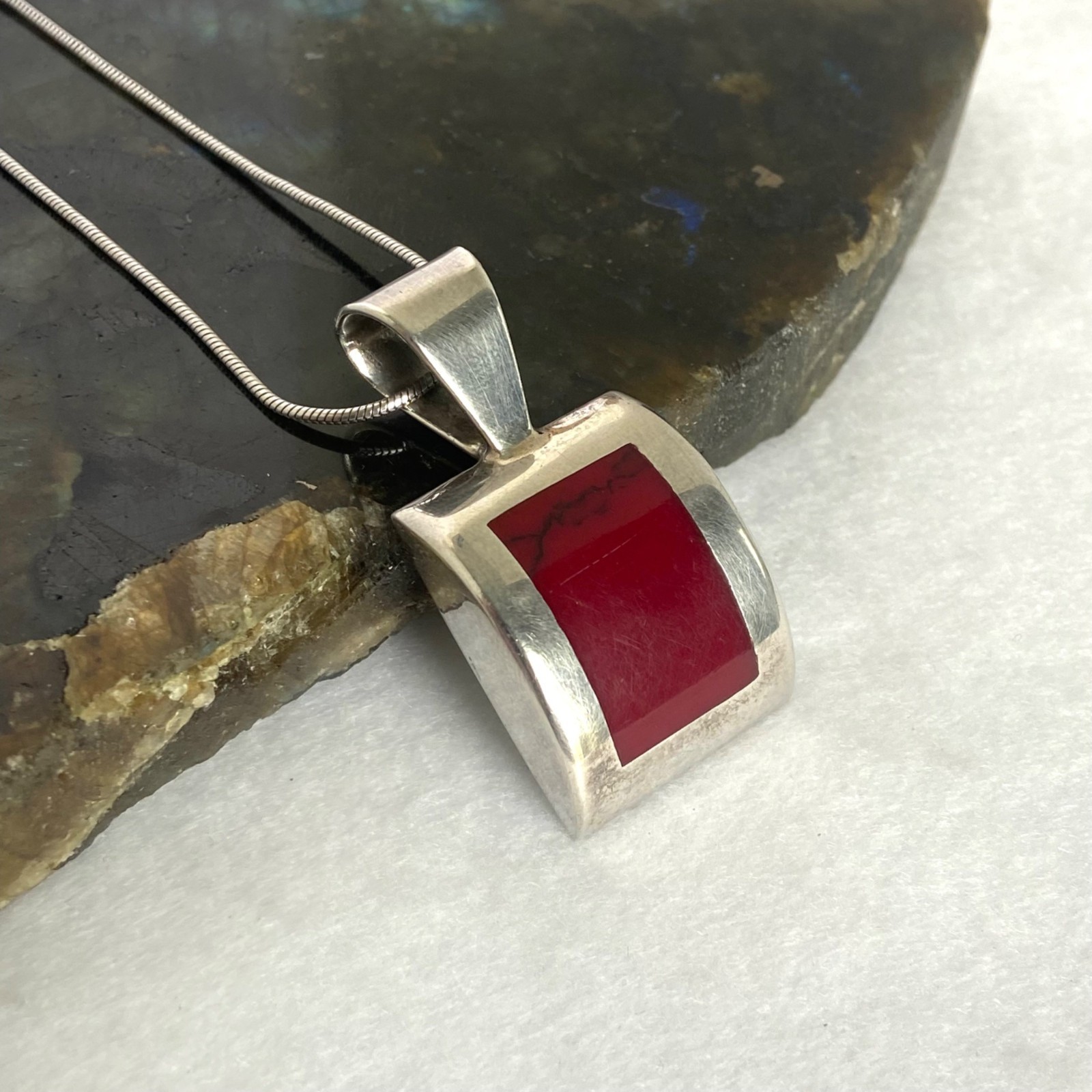 Solid Sterling Silver 925 Curved Sim Red Jasper P… - image 4