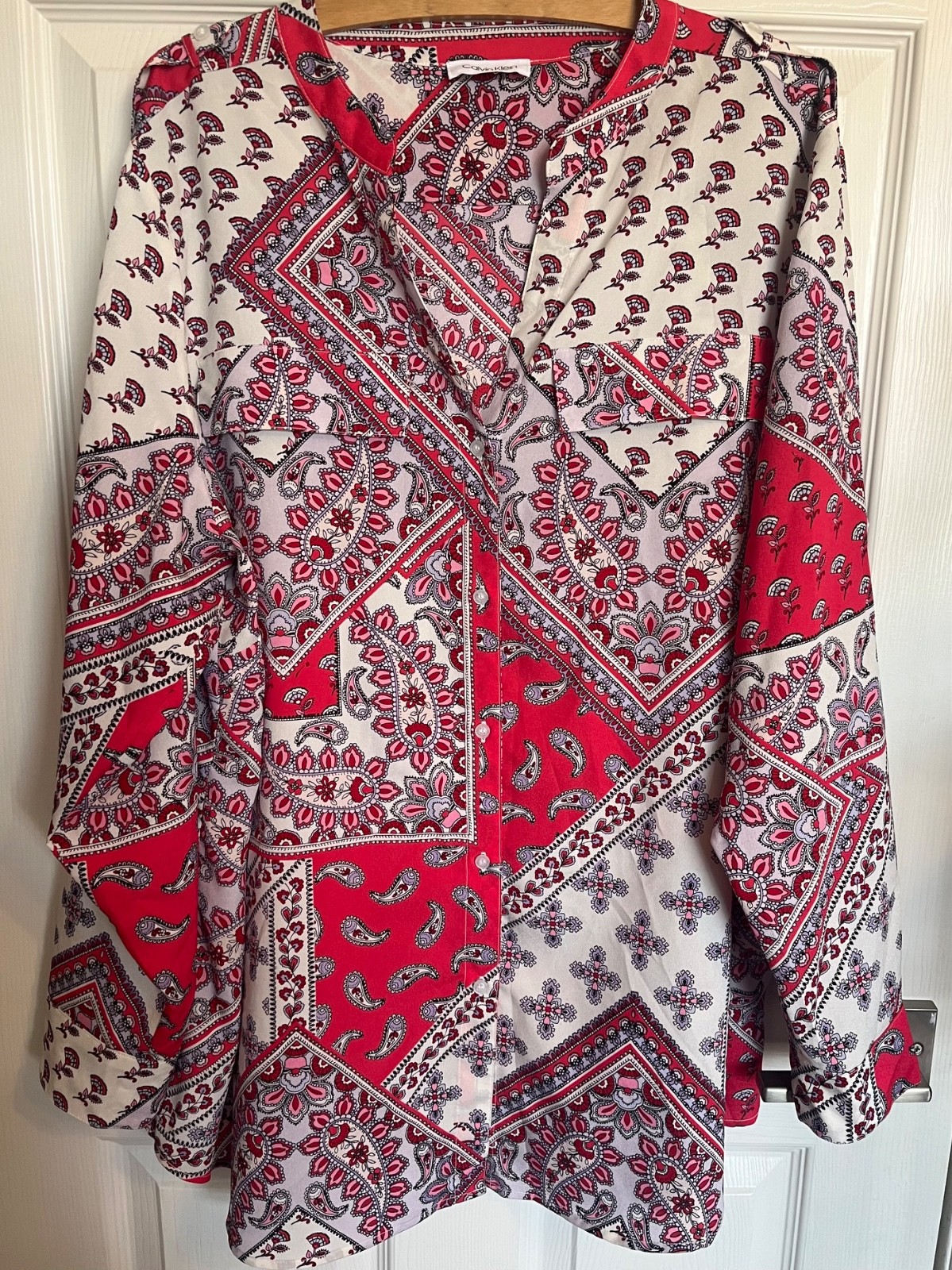 Calvin Klein Roll Sleeve V Neck Button Down Women’s PLUS Size Paisley L/S Blouse thumbnail 15