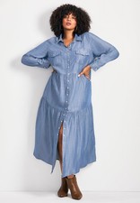Avenue Women's Plus Size Denim Tiered Shirtdress