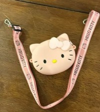 Sanrio HELLO KITTY White Coin Purse with Zipper  Pink Strap- Silicone Pouch-NEW