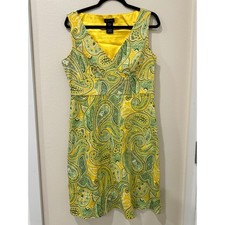 Y2K Spense Yellow Green Paisley Sleeveless Sheath Dress V-Neck Size 10