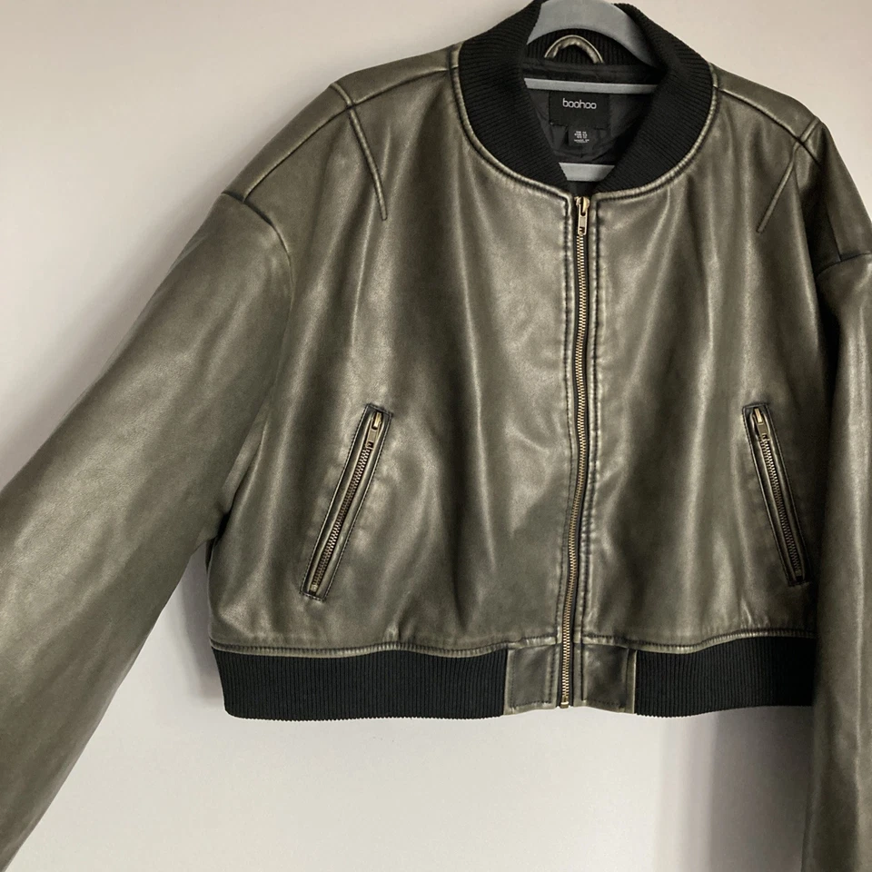 Boohoo Faux Leather Bomber Jacket Womens UK 16 Cropped Aviator Relaxed Boxy - Image 2 of 4