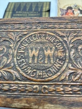 Antique Wheeler & Wilson Sewing Parts Box Finger Joint Wood Ornate Hand Carved